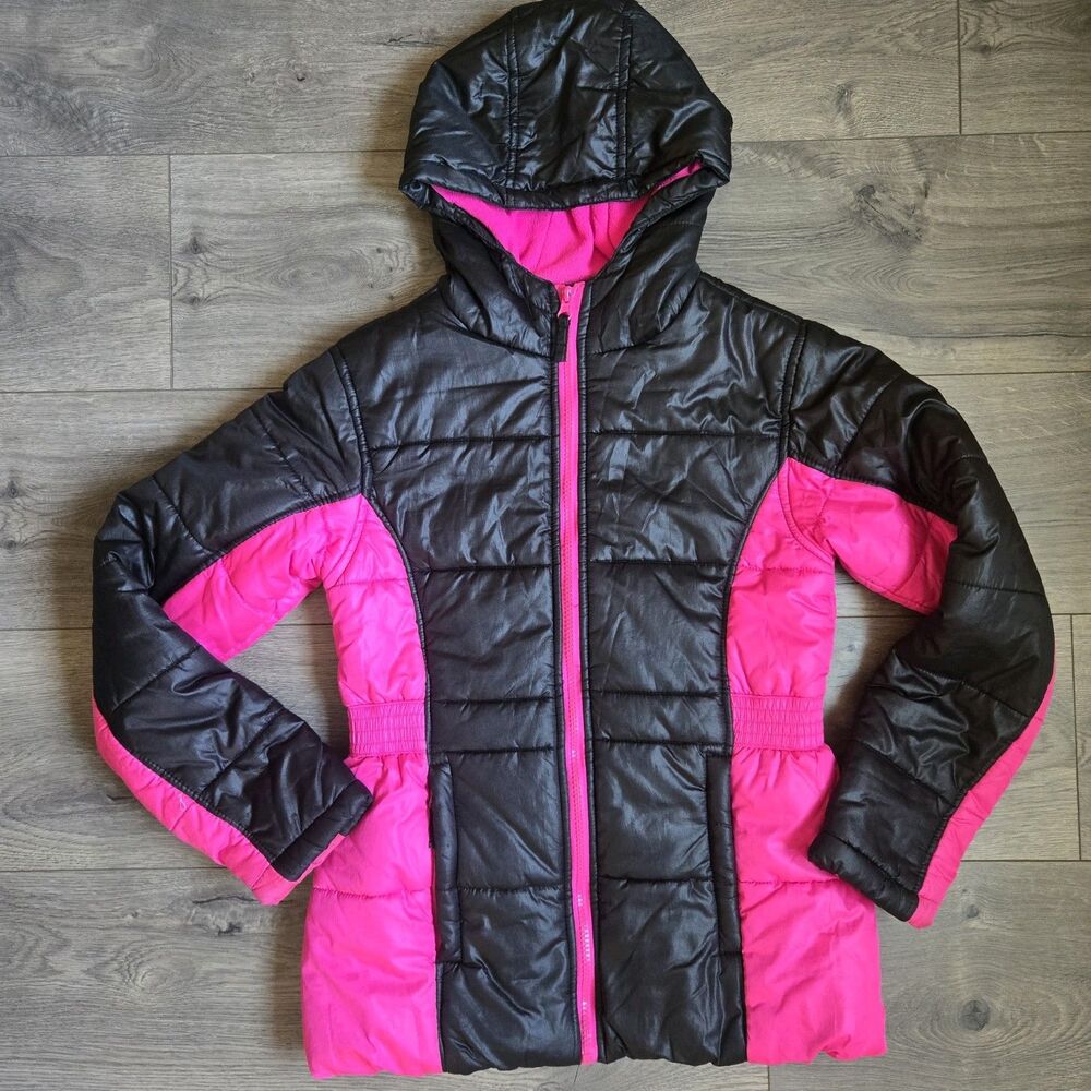 Roebuck & Co Girls M 10 12 Hot Pink Black Colorblock Puffer Jacket Hooded Coat